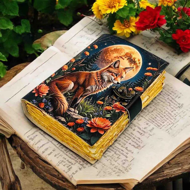 Moonlit Fox Art Leather Diary with Antique Lock