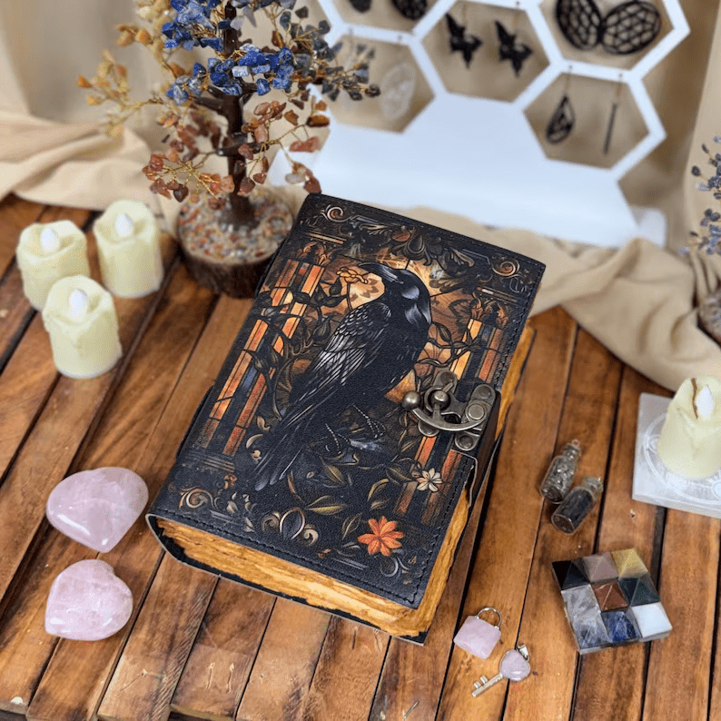 Mystic Raven Art Leather Diary with Antique Lock