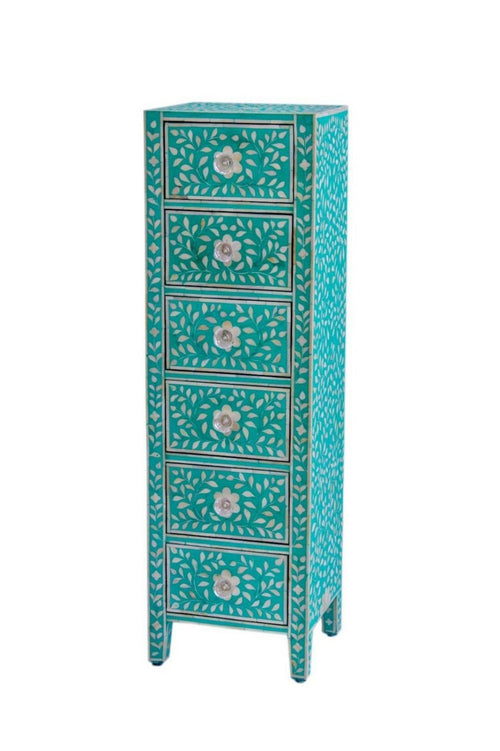 Bone Inlay Chest of 6 Drawers Tall Boy in Teal Green color