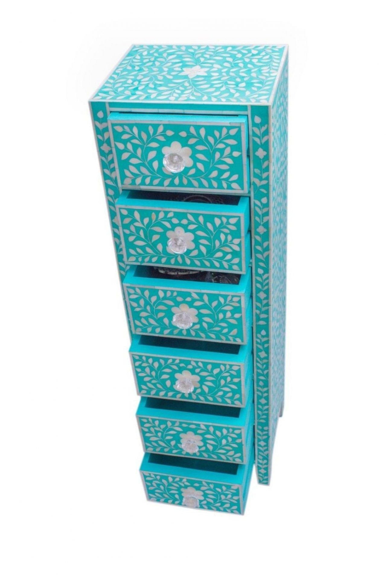Bone Inlay Chest of 6 Drawers Tall Boy in Teal Green color