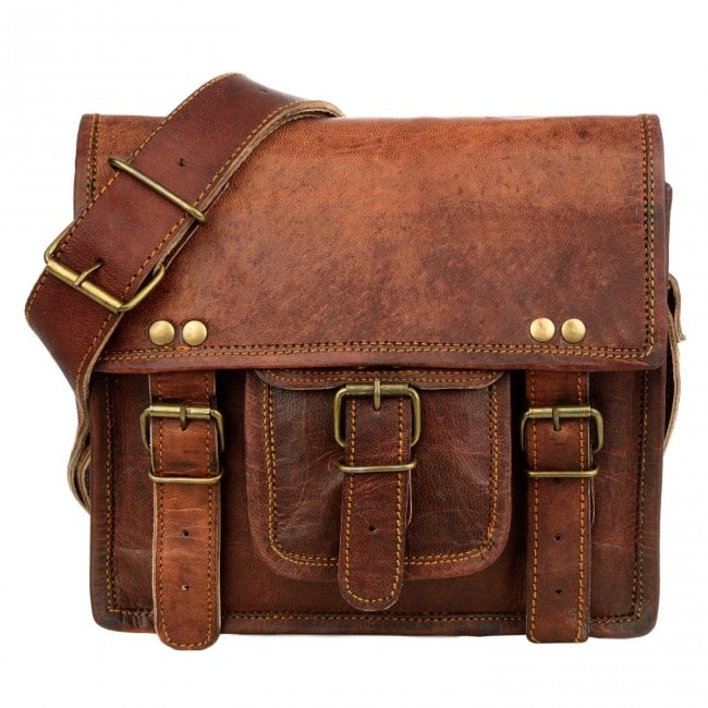 Craftshades – 11*15 Inch Front Pocket Handcrafted Mini Satchel Goat Leather Bag | 100% Genuine Leather