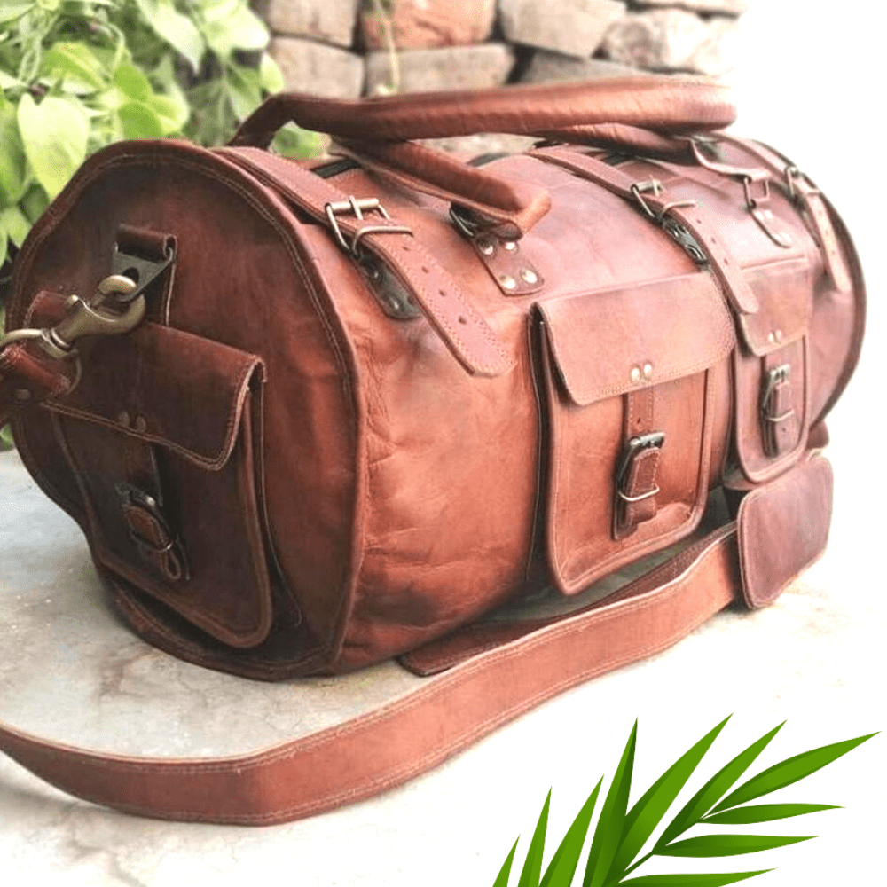 Craftshades - 3 Outer Pockets 24" (Expandable) Edge Handcrafted Duffle Goat Leather Bag | 100% Genuine Leather