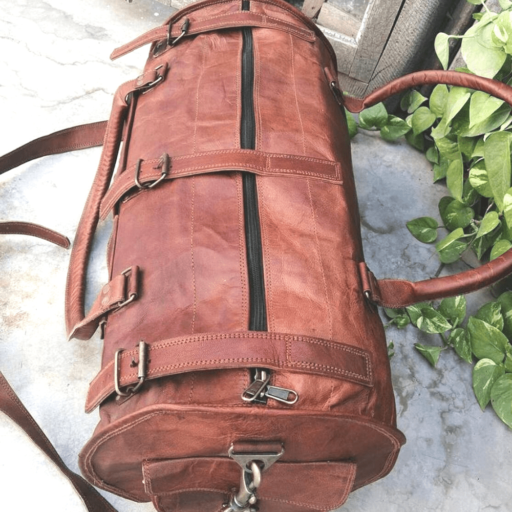 Craftshades - 3 Outer Pockets 24" (Expandable) Edge Handcrafted Duffle Goat Leather Bag | 100% Genuine Leather