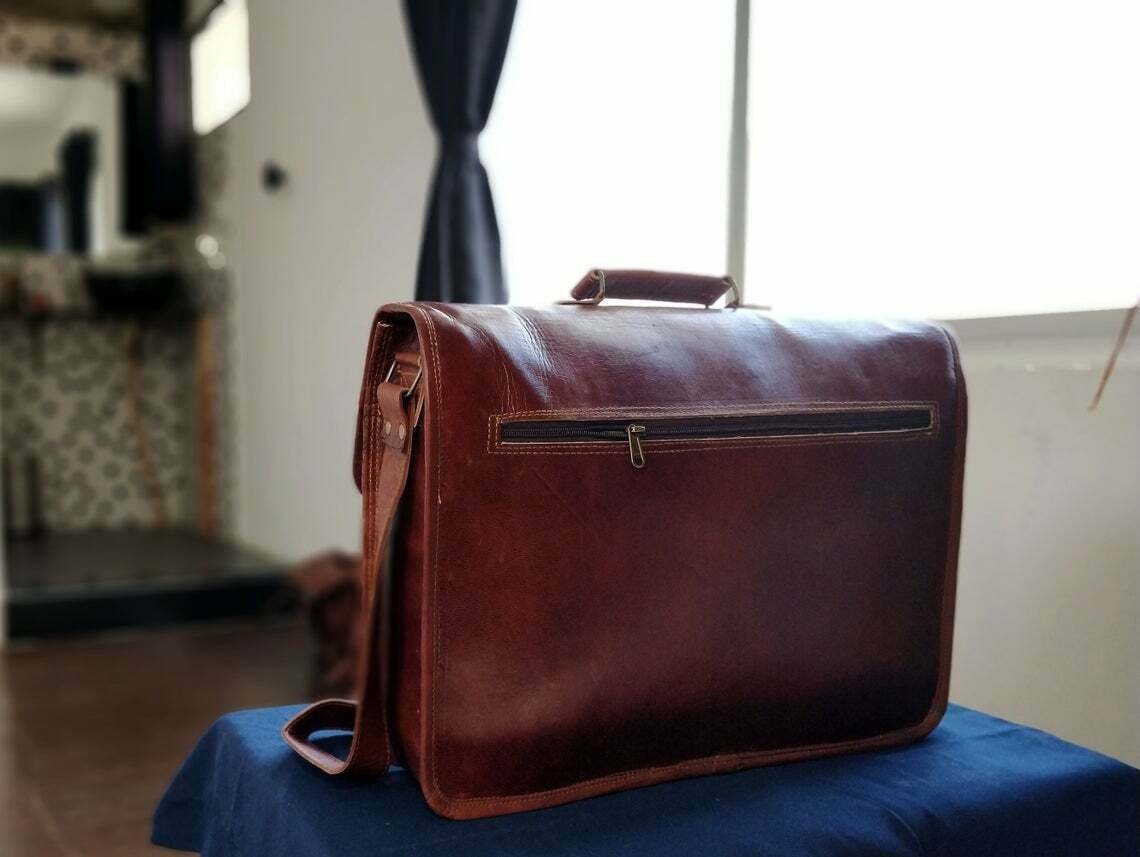 Craftshades – 11*15 Inch | Double Strip Handcrafted Messenger goat Leather Bag (Brown) | 100% Genuine Leather