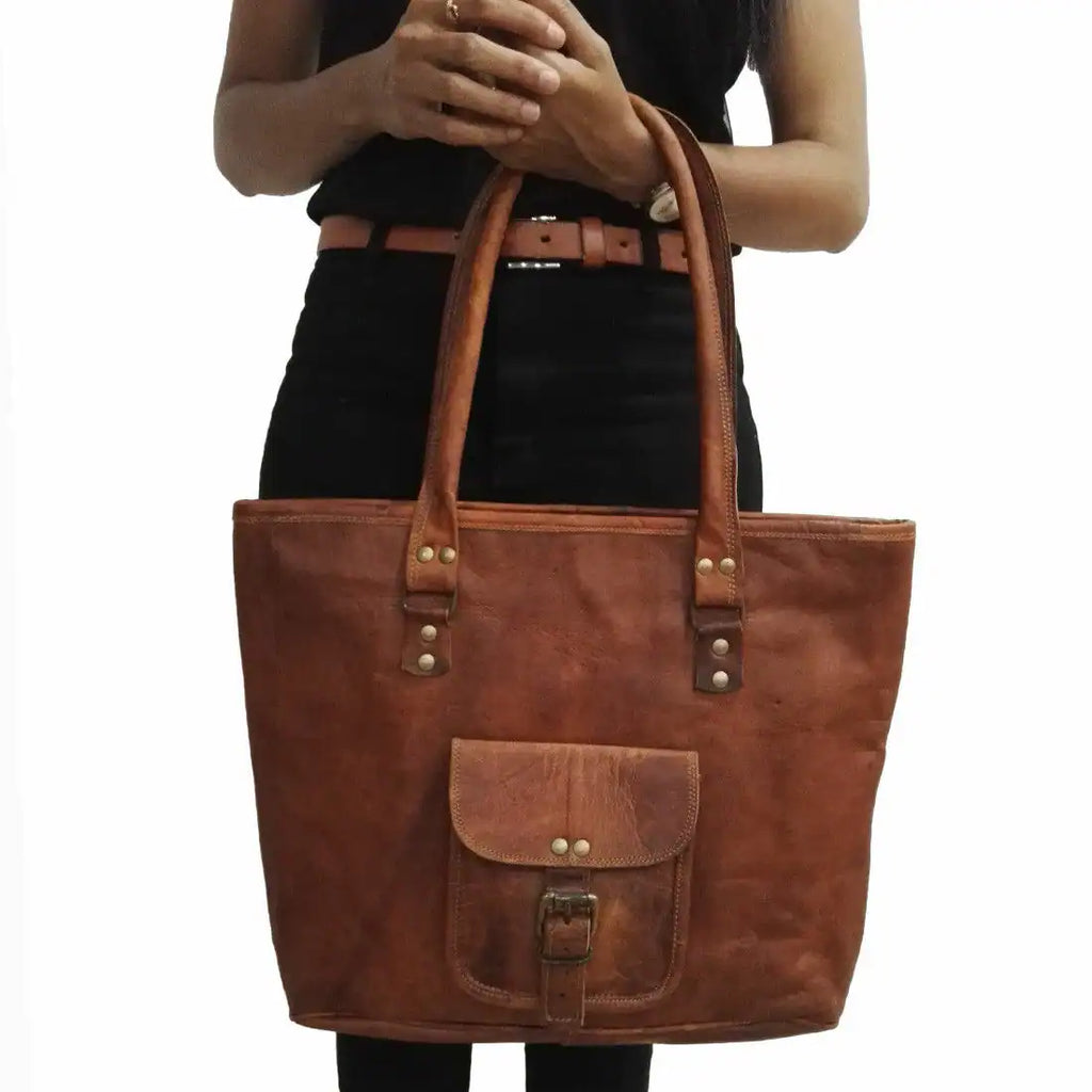 Craftshades – 16 inch Handcrafted Leather Women’s with pocket Tote Bag | 100% Genuine Leather