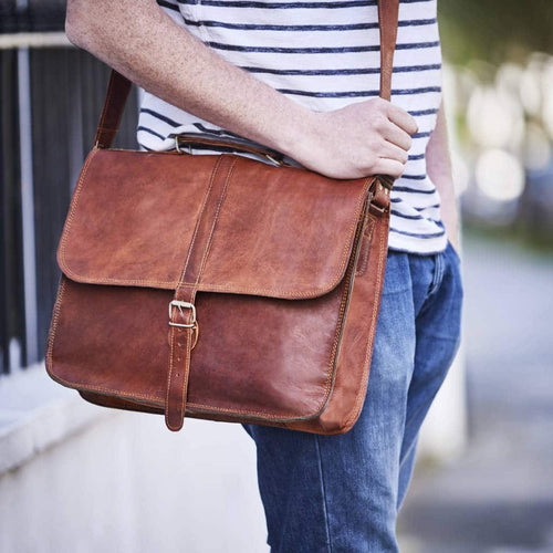 Craftshades - 10*13" Expandable Handcrafted Vintage Goat Leather Bag | 100% Genuine Leather