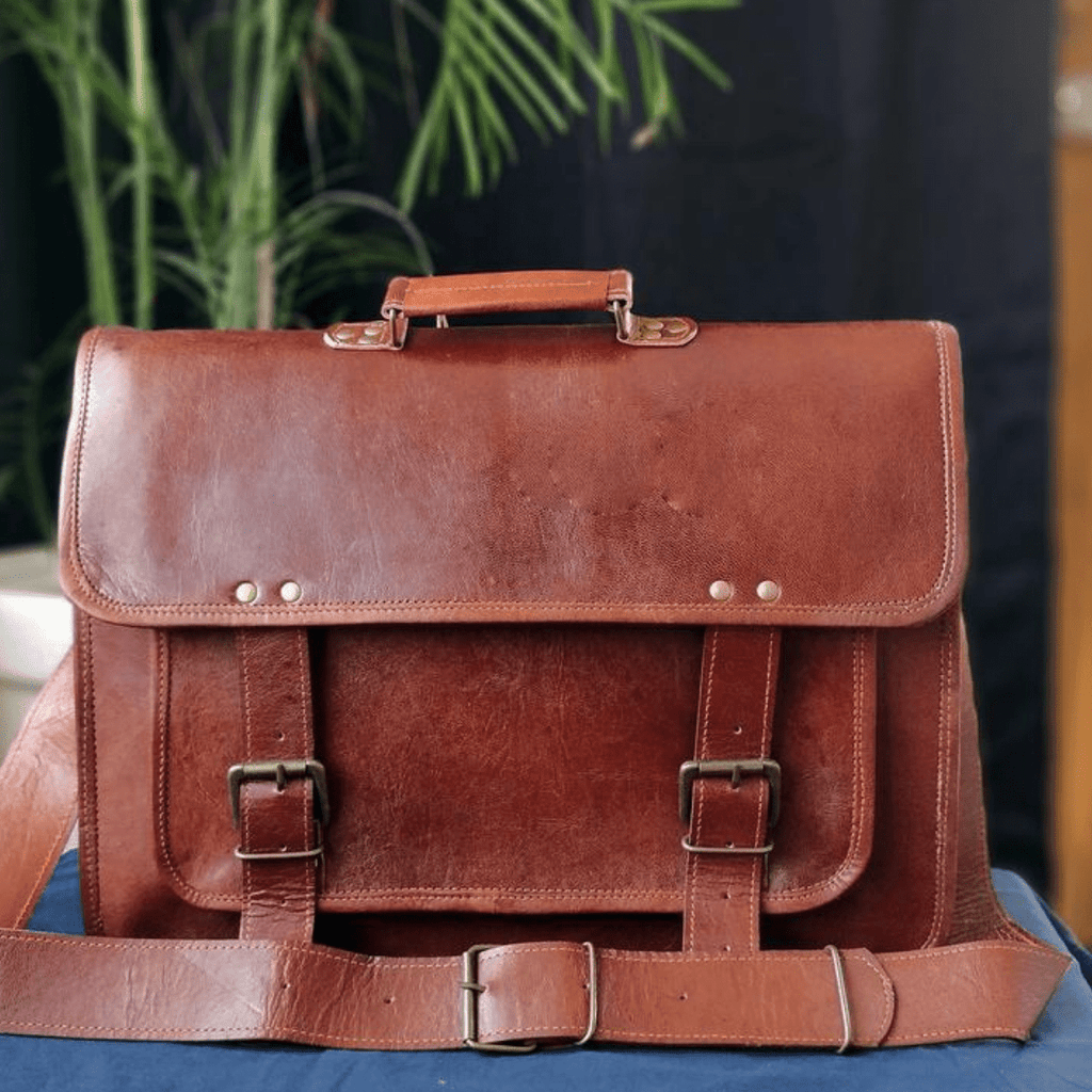 Craftshades – Double Strip Handcrafted Messenger Leather Bag (Brown) | 100% Genuine Leather