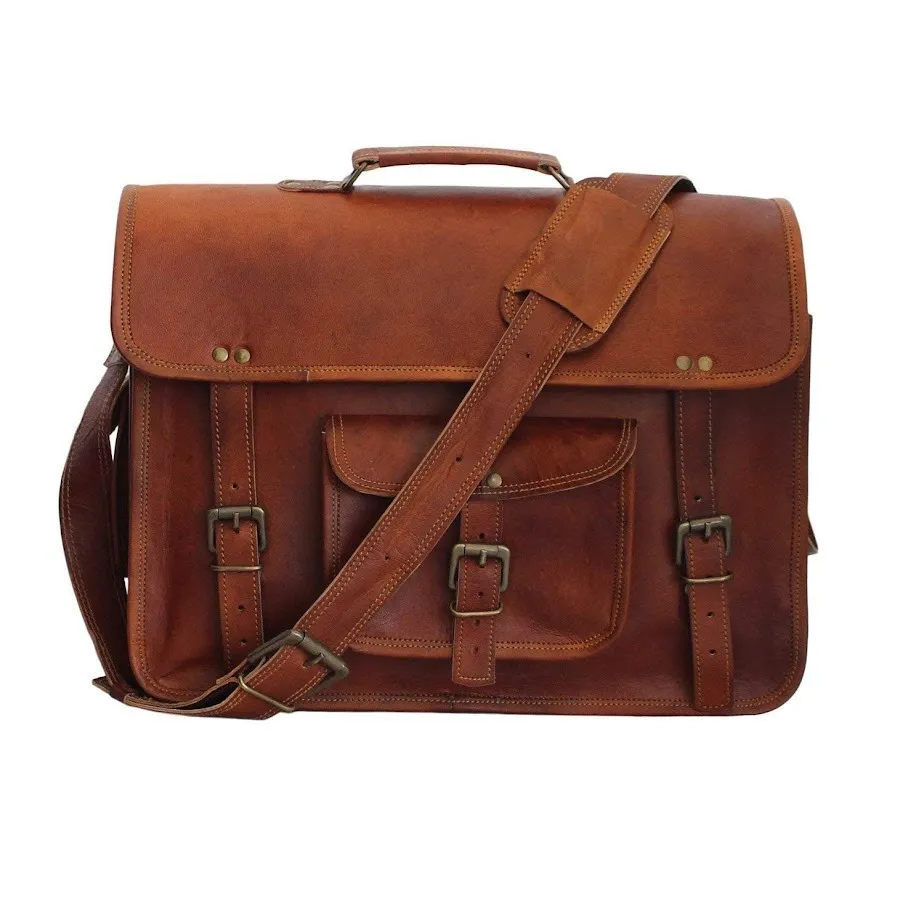 Craftshades –  13 Inch Single Pocket Double Strip Handcrafted Satchel Goat Leather Bag | 100% Genuine Leather