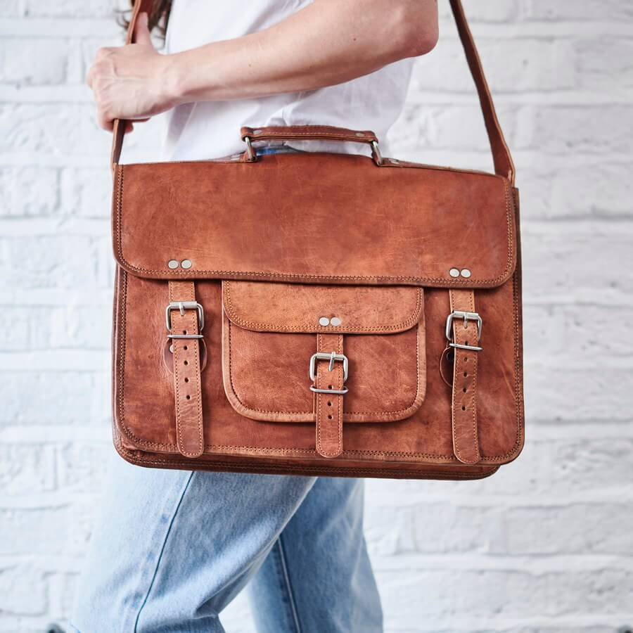 Craftshades –  13 Inch Single Pocket Double Strip Handcrafted Satchel Goat Leather Bag | 100% Genuine Leather